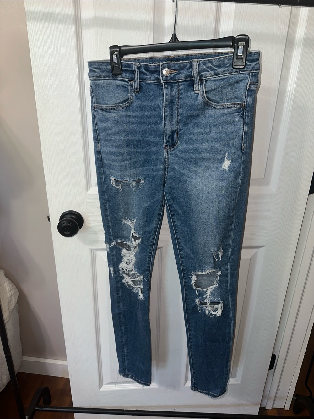 Women's Distressed Blue Skinny Jeans - High Rise Stretch American Eagle